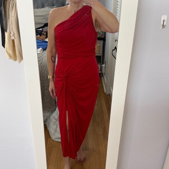 AX Paris Dresses & Skirts - AX Paris Red One-Shoulder Ruched Midi Dress with Front Knot